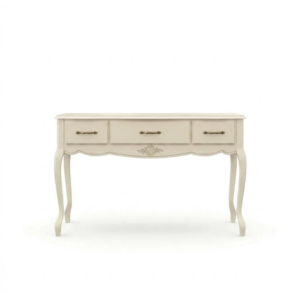 Consolă de Hol din Lemn Masiv și MDF Romantic – 3 Sertare Soft-Close, Crem