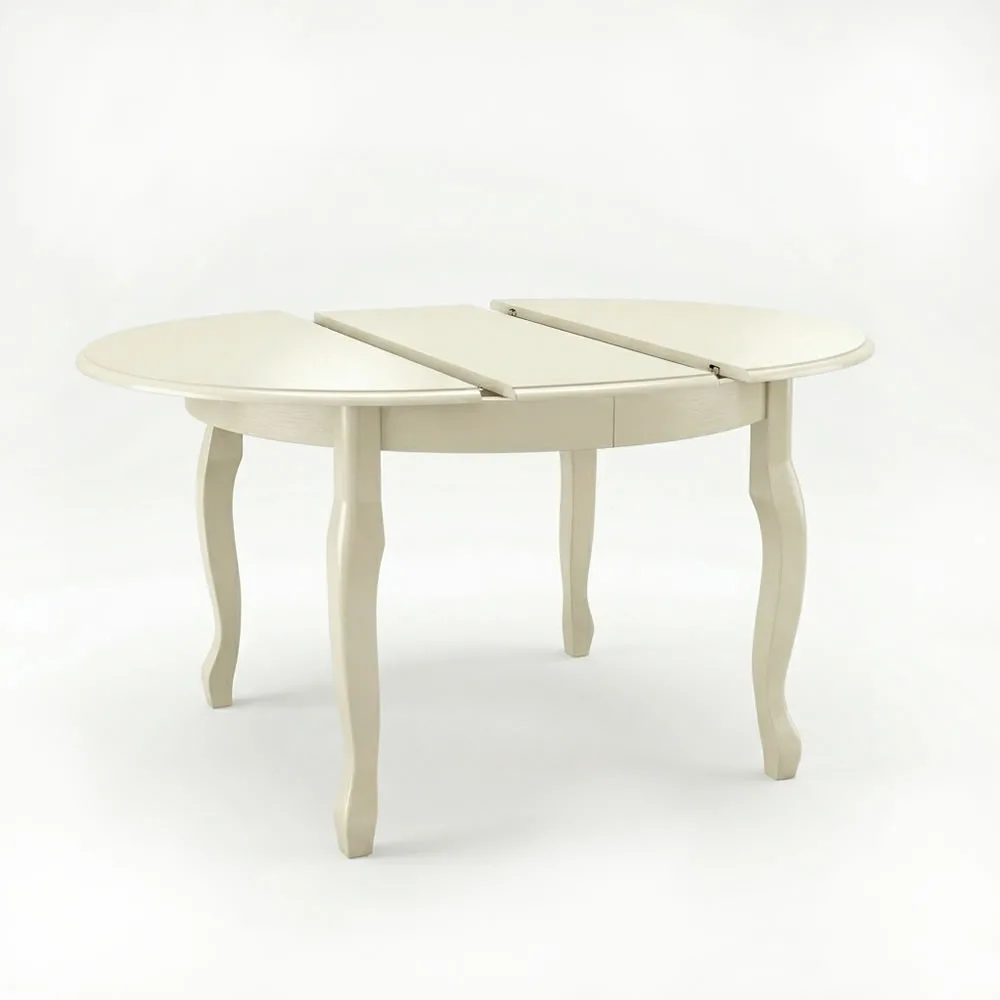 Bucatarie - Masă Rotundă Extensibilă Lemn Masiv și MDF Romantic – Crem, Stil Clasic
