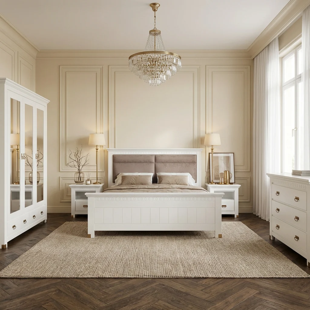 Set Dormitor Saint Tropez Alb Pat 160 cm Dulap 208 cm 2 Noptiere | Mobila Edion
